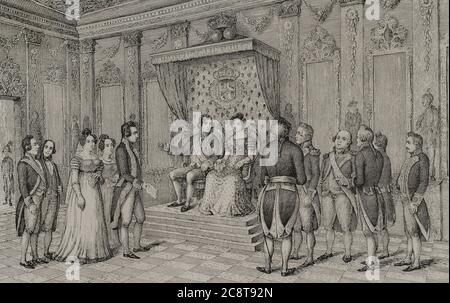 Reinado de Carlos IV de España. El político español Manuel Godoy, Príncipe de la Paz (1767-1851) nombrado Generalísimo (1801 a 1808), ante los reyes Carlos IV y María Luisa de Parma. Historia del Levantamiento, Guerra y Revolución de España, por el Conde de Toreno, Madrid,1851. Stockfoto