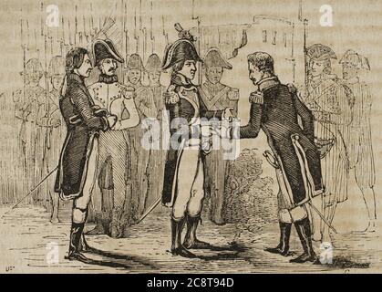 Reinado de Carlos IV de España. Cesión de los territorios de la Luisiana del reino de España a la Francia de Napoleón Bonaparte, a consecuencia del Tratado de San Ildefonso en 1803. La Luisiana fué devuelta a Francia por la presión ejercida por Napoleón. Grabado. Historia del Levantamiento, Guerra y Revolución de España, por el Conde de Toreno,1851. Stockfoto