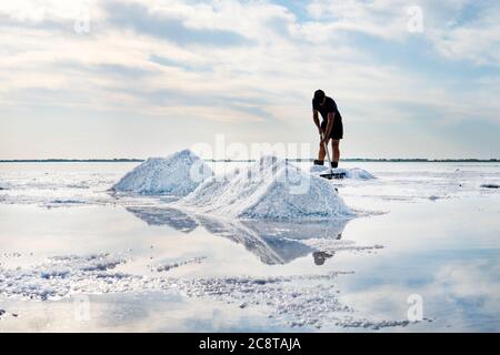 Salzbergbau auf dem See burlinskoje. Bursol“. Altai. Russland. Salzpfähle und Wasserbecken auf Salinas Grandes Salzebenen Stockfoto