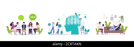 Set verärgert Menschen Besuch Psychologe Depression Probleme Stress Psychotherapie Session Konzept horizontale volle Länge Vektor Illustration Stock Vektor