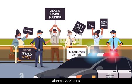 Demonstranten drängen mit schwarzen Leben Angelegenheit Banner Kampagne gegen rassische Diskriminierung in der Polizeiunterstützung für gleiche Rechte der schwarzen Menschen horizontale volle Länge Vektor-Illustration Stock Vektor