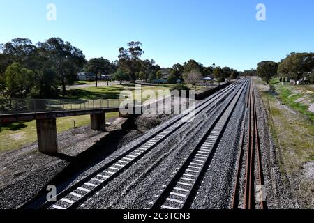 Glenrower, Victoria. Die Glenrowan Station, wo Ned Kelly, durch Schüsse verwundet, wurde mit dem Zug nach Benalla und dann Melbourne Gefängnis geschickt. Stockfoto