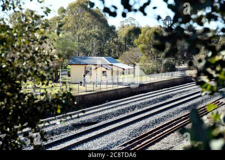 Glenrower, Victoria. Die Glenrowan Station, wo Ned Kelly, durch Schüsse verwundet, behandelt wurde, bevor sie mit dem Zug nach Benalla und Melbourne Gefängnis geschickt wurde. Stockfoto