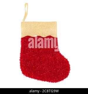 Weihnachtsstrumpf auf weißem Hintergrund isoliert Nahaufnahme, rot und goldene Farbe Weihnachtsmann Socke, traditionelle Neujahr dekorative Socke, Urlaub Dekor Stockfoto