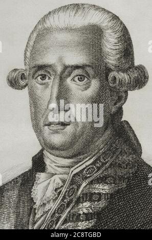 José Moñino y Redondo, I conde de Floridablanca (1728-1808). Político español que ejerció el Cargo de secretario de Estado entre 1777 y 1792 presidiendo la Junta Suprema Central, creada en 1808. Ilustración por Miranda. Grabado por Hortigosa. Detall. Historia del Levantamiento, Guerra y Revolución de España, por el Conde de Toreno. Madrid, 1851. Stockfoto