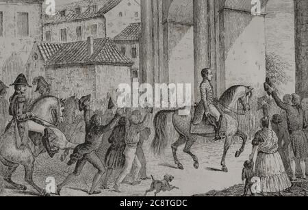 Historia de España. Eingang von Fernando VII (1784-1833) en Madrid. Montando en un caballo Blanco, el recién proclamado rey entraba en Madrid por la Puerta de Atocha el 24 de marzo de 1808. Grabado. Historia del Levantamiento, Guerra y Revolución de España, por el Conde de Toreno. Madrid, 1851. Stockfoto