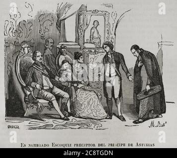 Reinado de Carlos IV de España. Manuel Godoy encarga a Juan Escóiquiz (1747-1820) la formación del futuro rey Fernando VII. Juan Escóiquiz, canónigo de Zaragoza, es nombrado preceptor del príncipe de Asturias. Grabado. Historia del Levantamiento, Guerra y Revolución de España, por el Conde de Toreno. Madrid, 1851. Stockfoto