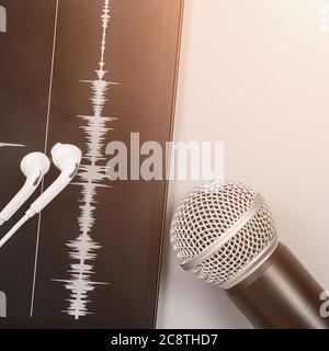 Podcast-Aufzeichnung. Mikrofon und Tonspur. Grau monochrom Stockfoto