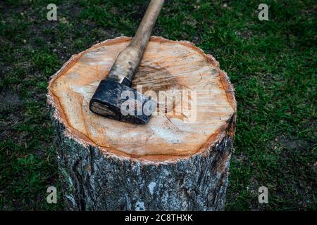 ax liegt auf einem Log. Holzernte. Entwaldung. Axe und melden Sie sich im Counry House an Stockfoto