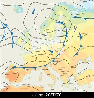 Imaginäre meteorologische Vektor-Wetterkarte von europa mit Hauptstädten Stock Vektor