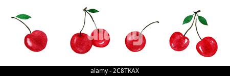 Kirschfrucht-Set isoliert auf weiß, handgezeichnete Aquarell-Illustration mit Kirschfrucht-Design, Frucht- oder Food-Ikone Stockfoto
