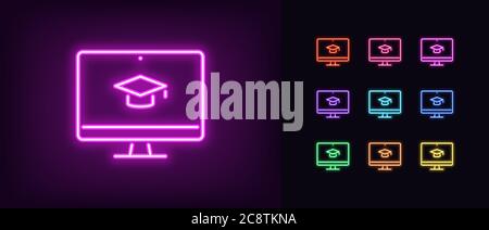 Neon Online-Bildung Symbol. Leuchtendes Neon Webinar-Schild, digitale Studie in lebendigen Farben. Video-Kurs, Fernunterricht, Lehrplattform. Symbolsatz, si Stock Vektor