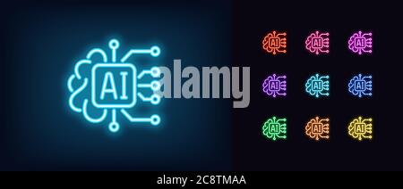 Neon AI-Symbol. Leuchtende Neon künstliche Intelligenz Zeichen, digitale Geist in lebendigen Farben. Big Data, Deep Learning, neuronales Netzwerk, Cyber-Gehirn. Symbolsatz, Stock Vektor