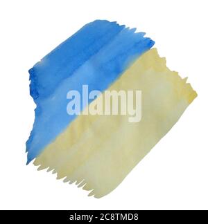 Aquarell Fleck blau und gelb Hintergrund. Farben der Flagge der Ukraine. Aquarell-Texturelement für Druck und Design auf weißem Hintergrund Stockfoto