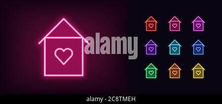 Neon schönes Zuhause Ikone. Leuchtendes Neon-Hausschild mit Herz, süßes Zuhause in lebendigen Farben. Liebe Haus, gemütliches Ferienhaus, heimelige Wohnungen. Symbolsatz, Zeichen Stock Vektor
