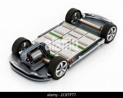 Fiktives Elektroauto-Chassis mit Elektromotor und Batterien. 3D-Illustration. Stockfoto
