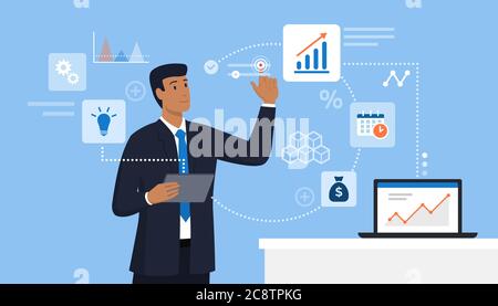 Business und Finanzen innovative Technologien: Geschäftsmann hält ein digitales Tablet und die Interaktion mit einer virtuellen Benutzeroberfläche Stock Vektor