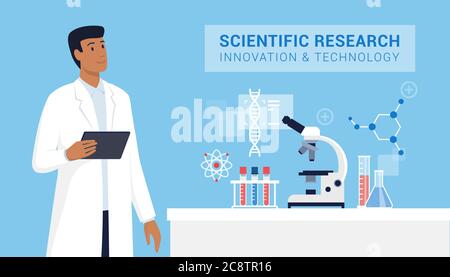 Wissenschaftliche Forschung und Technologie: Wissenschaftler, die im Labor arbeiten und ein digitales Tablet halten, wissenschaftliche Geräte im Vordergrund Stock Vektor