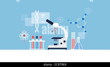 Medizinischer Labortisch mit Mikroskop, Ikonen und medizinischer Ausrüstung: Wissenschaftliches Forschungs- und Technologiekonzept Stock Vektor
