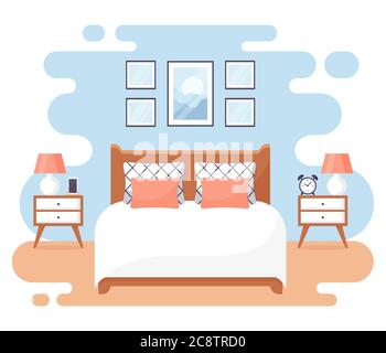 Schlafzimmer innen. Modernes Banner. Vektor. Design eines gemütlichen Zimmers mit Doppelbett, Nachttischen und Einrichtungsaccessoires. Haus- oder Hoteleinrichtung. Flach Stock Vektor