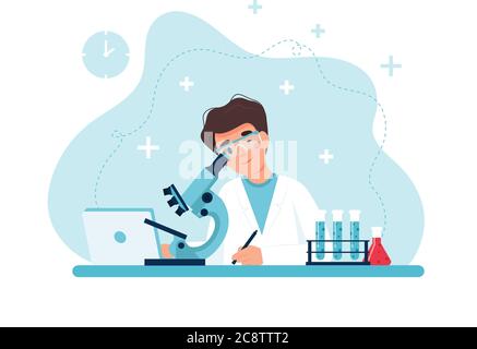 Wissenschaftler bei der Arbeit, männliche Charakter Durchführung von Experimenten mit Mikroskop. Vektorgrafik in flacher Form Stock Vektor
