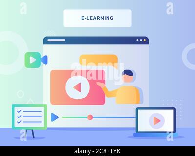 E Learning Konzept Mann im Video-Tutorial auf dem Bildschirm mit flachen Stil sprechen Stock Vektor