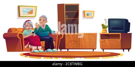 Alte Menschen im Zimmer im Pflegeheim. Ältere Frau, die auf dem Handy anruft. Vektor-Cartoon-Illustration von Wohnzimmer Interieur im Haus für Rentner mit Sofa, Schrank und tv Stock Vektor