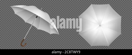 Weißer Schirm vorne und von oben. Vector realistische Modell des blanken Sonnenschirms mit Holzgriff, klassisches Zubehör für Regenschutz im Frühjahr, Herbst oder Monsun Saison Stock Vektor