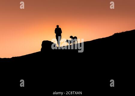 Ein Mann, der mit seinen Hunden auf dem Pentire Point East läuft, der von einem intensiven, farbenfrohen Sonnenuntergang in Newquay in Cornwall umschillert wird. Stockfoto
