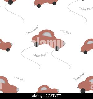 Lustige orange Auto in Form einer Wolke. Mit Autolärm. Weißer Hintergrund. Nahtloses Muster. Vektorgrafik. Stock Vektor