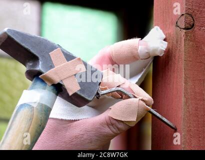 Zehn Daumen stark "verletzten" Homeworker versucht einen gebogenen Nagel in die Wand hämmern. Stockfoto
