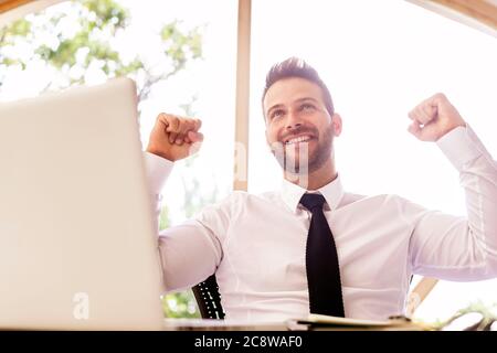 Fröhlicher Geschäftsmann feiert mit erhobenem Arm in der Luft, während er an einem Schreibtisch in seinem Heimbüro sitzt und an einem Laptop arbeitet. Heimbüro. Stockfoto