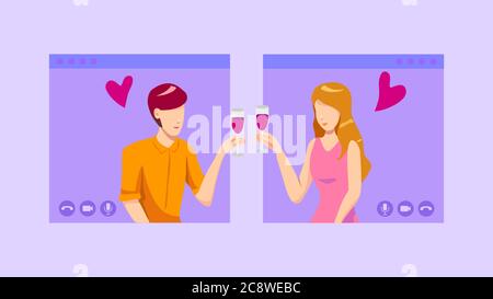 Online Datum und Video Datum Konzept, eine Frau und ein Mann in Videoanruf. Moderne Dating mit Chat-Anwendung oder Online-Plattform. Vektorbild Stock Vektor