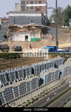 (200727) -- TAIYUAN, 27. Juli 2020 (Xinhua) -- Kombinationsfoto zeigt eine Shantytown im Dorf Nantong im Landkreis Xingxian, nordchinesische Provinz Shanxi (oberes, undatierte Datei Foto); und eine Luftaufnahme des gleichen Gebietes mit besserer Wohninfrastruktur (unteres Foto, aufgenommen am 4. Juni 2020 von Cao Yang). Das Dorf Nantong war einst eine äußerst arme Gegend. Um den Lebensstandard der Bewohner zu verbessern, hat das Dorf Nantong Maßnahmen ergriffen, darunter die Umgestaltung von Shantytown und die Verlagerung von Bewohnern zur Armutsbekämpfung. Die Dorfbewohner haben die Armut bis Ende 2017 mit ihrem Jahreseinkommen pro Jahr geschüttelt Stockfoto