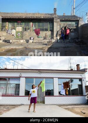 (200727) -- TAIYUAN, 27. Juli 2020 (Xinhua) -- Kombinationsfoto zeigt ein altes Haus im Dorf Nancao der Gemeinde Jiazhuang, Bezirk Shuocheng, Shuozhou, nordchinesische Provinz Shanxi (oberes, undates Aktenfoto); Und eine Dorfbewohnerin, die ihre Wäsche vor ihrem Haus aufhängt, das mit staatlichen Mitteln im selben Dorf renoviert wurde (unten, Foto vom 7. Juli 2020 von Cao Yang). Nancao Village hat über 200 verarmte Haushalte finanziert, um ihre einst verfallenen Häuser zu renovieren. Die jüngsten Bemühungen der Provinz Shanxi zur Armutsbekämpfung umfassen: Zugang zu Straßennetzen zu ländlichen Dörfern, Umsiedlungen Stockfoto