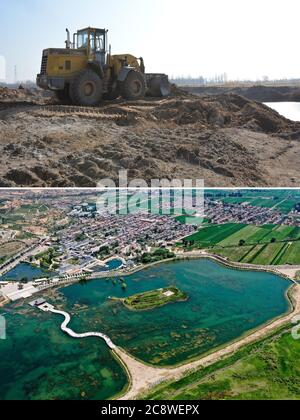 (200727) -- TAIYUAN, 27. Juli 2020 (Xinhua) -- Kombinationsfoto zeigt die Baustelle für den Shenhai Feuchtgebiet Park im Dongshentou Dorf im Shuocheng Bezirk, Shuozhou, nordchinesische Provinz Shanxi (oberes, undates Aktenfoto); Und eine Luftaufnahme des Feuchtgebiets Park nach seiner Konstruktion (unten, Foto am 7. Juli 2020 von Cao Yang). Das Dorf Dongshentou war zur Unterstützung seiner Wirtschaft ausschließlich auf die Landwirtschaft angewiesen. Der Shenhai Feuchtgebiet Park ist eine der lokalen Bemühungen, den Tourismus zu entwickeln und Armut zu lindern. Die jüngsten Bemühungen der Provinz Shanxi zur Armutsbekämpfung umfassen: Das Straßennetz herstellen Stockfoto