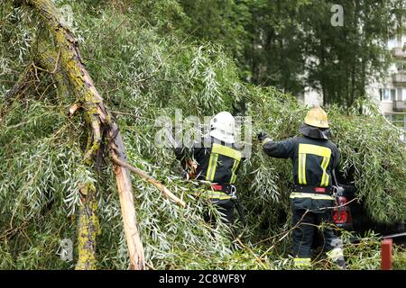 Feuerwehrleute helfen, die Auswirkungen eines gefallenen Baumes auf Autos nach dem Sturm an einem regnerischen Tag zu bereinigen. Stockfoto