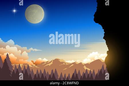 Waldlandschaft in den Bergen am Morgen Stock Vektor