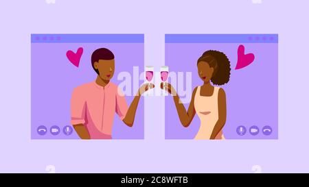 Online Datum und Video Datum Konzept, eine schwarze Frau und ein schwarzer Mann in Videoanruf. Moderne Dating mit Chat-Anwendung oder Online-Plattform. Vektorbild Stock Vektor
