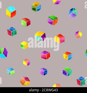 Abstrakte Aquarell nahtlose Textur von bunten Würfel auf einem taupe Hintergrund. Handzeichnung und digitalisiert. Design für Tapeten, Textilien, Stoff, Buchdruck, Verpackung. Stockfoto