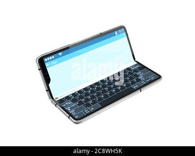 Serielles flexibles Telefon mit Dialogfeld auf dem Bildschirm 3d-Rendering auf Weiß ohne Schatten Stockfoto