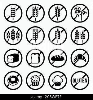 Glutenfreie Warnschilder Vektor-Set-Icons- kein Weizen auf dem Essen, kein Brot, kein Kuchen, kein Dessert Stock Vektor