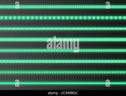 Grüne LED-Streifen-Kollektion, helle leuchtende Bänder auf einem transparenten Hintergrund isoliert. Realistische Neon Girlanden. Stock Vektor