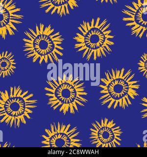 Vektor ethnischen und Tribal Motive nahtlose Muster Hintergrund. Gold orange malerisch Grunge Stil Sonnensymbol auf lila t Hintergrund. Handgezeichnete Bürste Stock Vektor