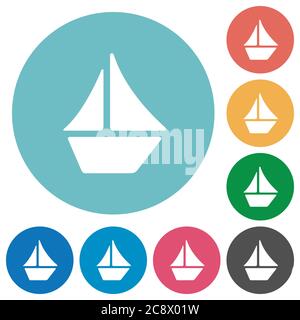 Flaches Segelboot Symbol auf runder Farbe Hintergrund gesetzt. Stock Vektor