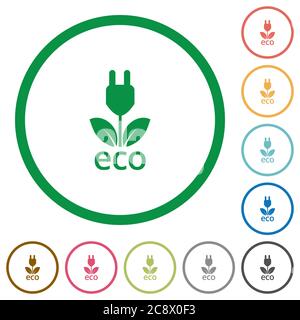 Set von Eco Energy Farbe rund umrissene flache Symbole auf weißem Hintergrund Stock Vektor