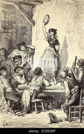 Gitana dansant le vito sevillano (Environs de Séville) [Zigeunerfrau tanzt den vito sevillano (bei Sevilla)] Seitenillustration aus dem Buch 'SPain' [L'Espagne] von Davillier, Jean Charles, barón, 1823-1883; Doré, Gustave, 1832-1883; Veröffentlicht in Paris, Frankreich von Libreria Hachette, 1874 Stockfoto