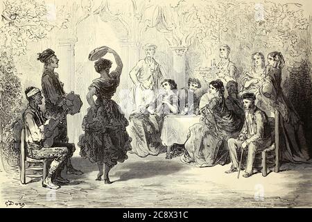 Gitana dansant dans un Patio de Séville [Zigeunertanz in einer Terrasse in Sevilla] Seitenillustration aus dem Buch 'SPain' [L'Espagne] von Davillier, Jean Charles, barón, 1823-1883; Doré, Gustave, 1832-1883; Veröffentlicht in Paris, Frankreich von Libreria Hachette, 1874 Stockfoto