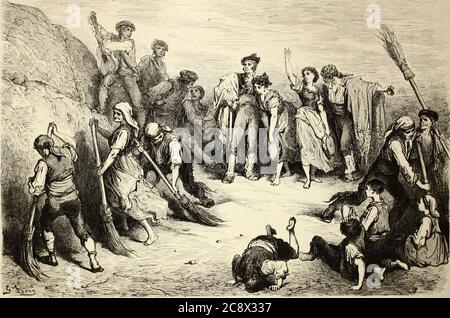 La Danse Improvisee (Segudiilla Manchega) [der improvisierte Tanz (Segudiilla Manchega) EINE Gruppe von lokalen Männern und Frauen tanzen auf der Straße] Seitenillustration aus dem Buch 'SPain' [L'Espagne] von Davillier, Jean Charles, barón, 1823-1883; Doré, Gustave, 1832-1883; Veröffentlicht in Paris, Frankreich von Libreria Hachette, 1874 Stockfoto