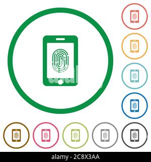 Satz von Smartphone Fingerabdruck-Identifikation Farbe rund umrandeten flachen Symbolen auf weißem Hintergrund Stock Vektor